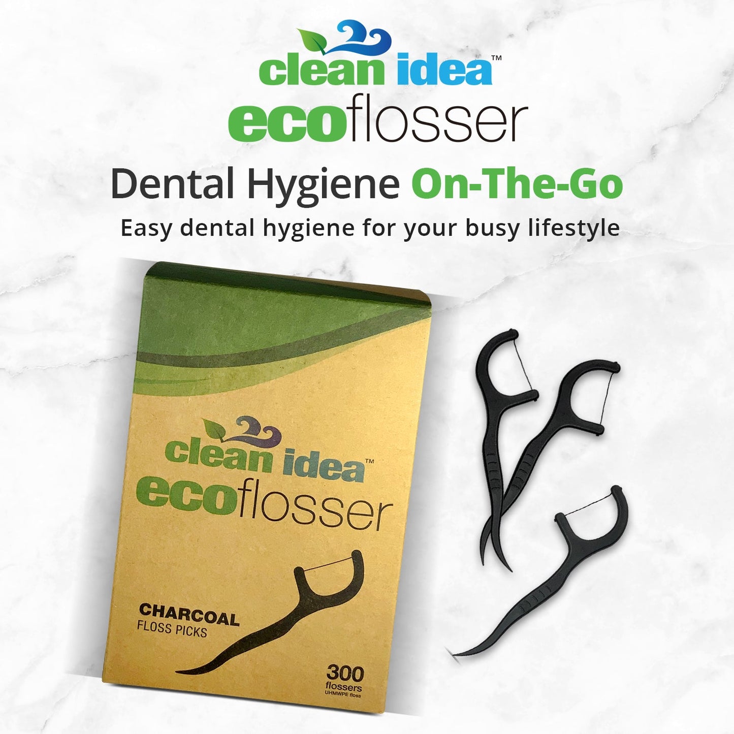 Clean Idea Ecoflosser Charcoal Flossing Picks - 300 pieces Plant Based Flossing Picks - Clean Idea