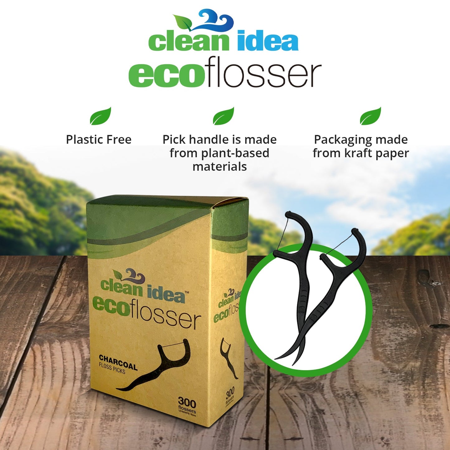Clean Idea Ecoflosser Charcoal Flossing Picks - 300 pieces Plant Based Flossing Picks - Clean Idea