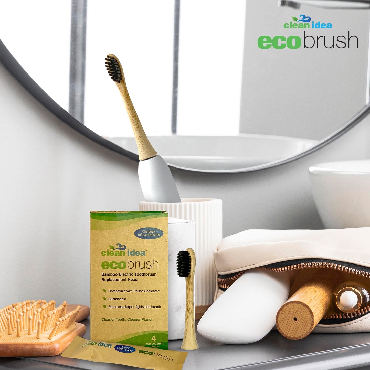 Clean Idea Ecobrush Electric Toothbrush Replacement Heads 4pack – Charcoal Infused Bamboo - Sustainable BPA Free Electric Toothbrush Heads - Clean Idea