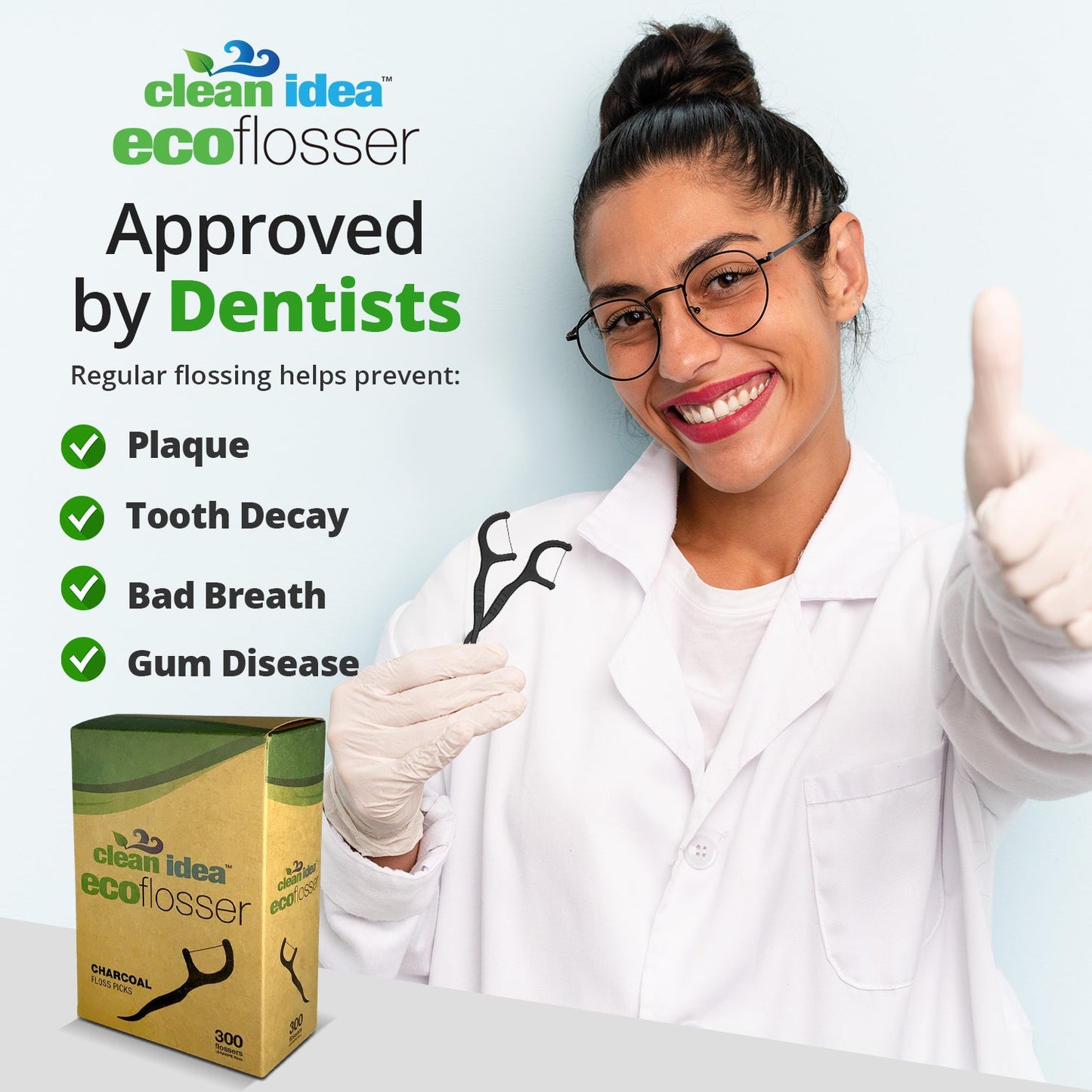 Clean Idea Ecoflosser Charcoal Flossing Picks - 300 pieces Plant Based Flossing Picks - Clean Idea