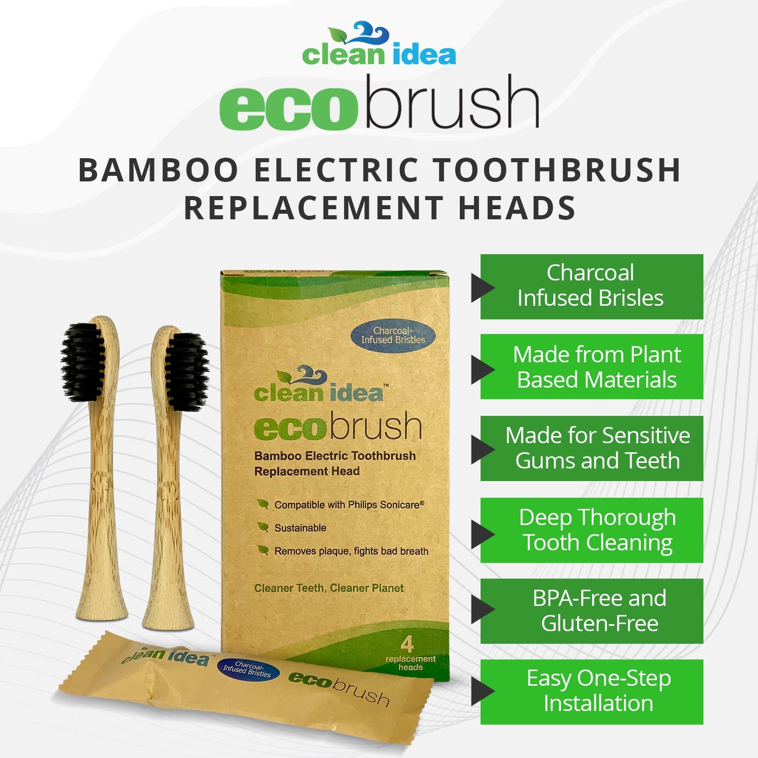 Clean Idea Ecobrush Electric Toothbrush Replacement Heads 4pack – Charcoal Infused Bamboo - Sustainable BPA Free Electric Toothbrush Heads - Clean Idea