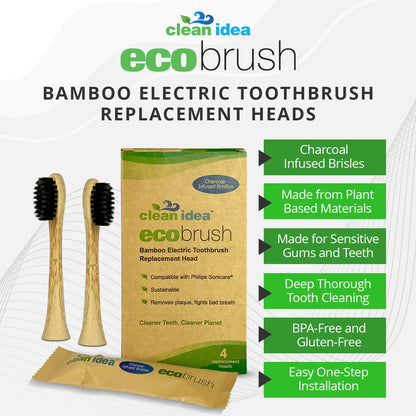 Clean Idea Ecobrush Electric Toothbrush Replacement Heads 4pack – Charcoal Infused Bamboo - Sustainable BPA Free Electric Toothbrush Heads - Clean Idea