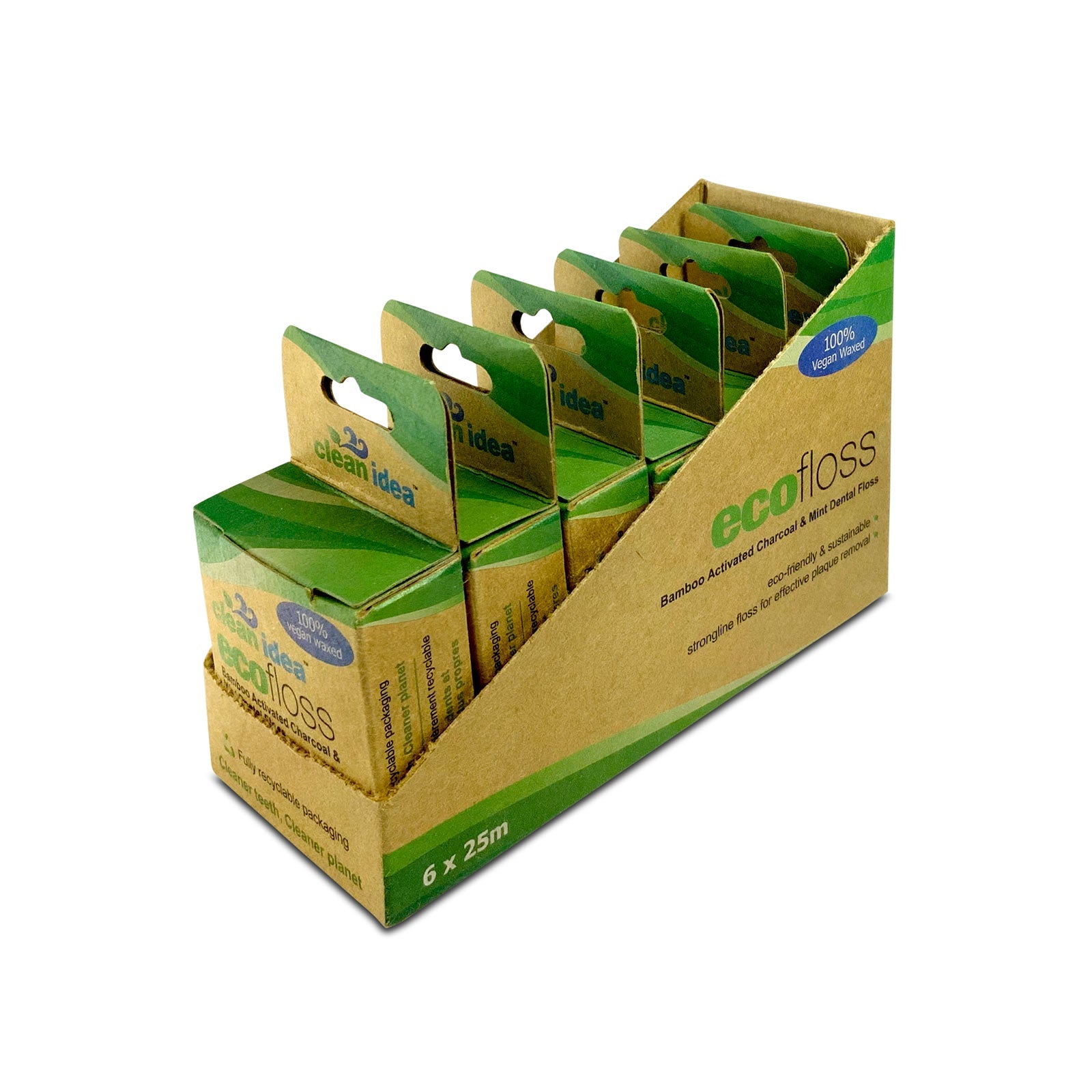 Clean Idea Eco Floss 6x25m Dental Floss - Vegan Waxed Dental Floss - Bamboo Activated Charcoal & Mint Floss - Clean Idea