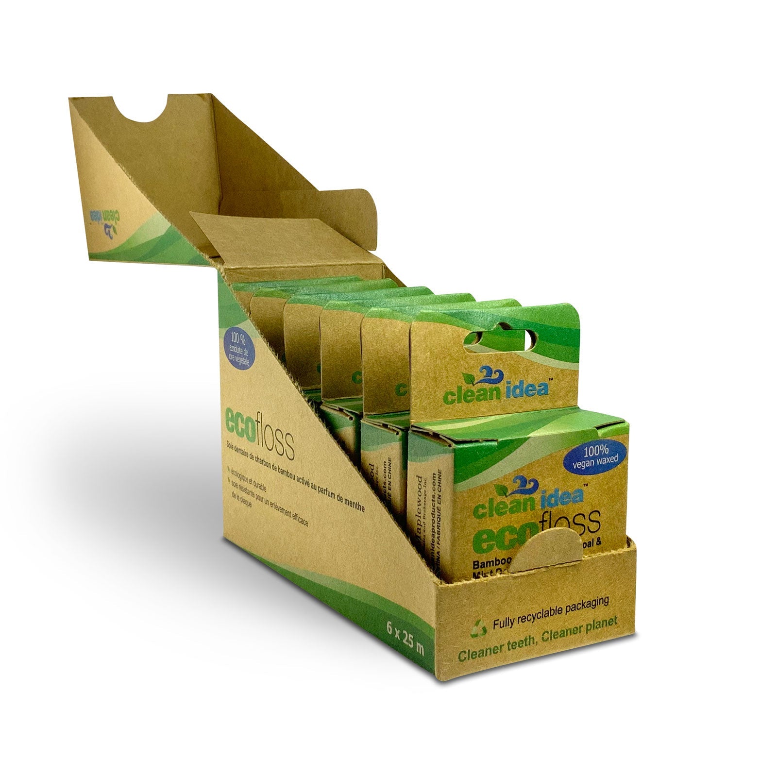 Clean Idea Eco Floss 6x25m Dental Floss - Vegan Waxed Dental Floss - Bamboo Activated Charcoal & Mint Floss - Clean Idea